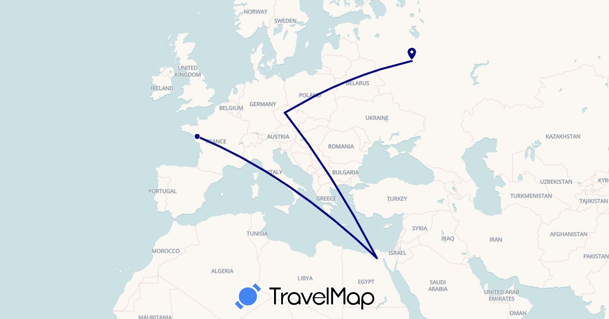 TravelMap itinerary: driving in Czech Republic, Egypt, France, Russia (Africa, Europe)
